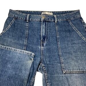 ZARA Women Blue Denim High Waisted Straight Leg Paperbag‎ Jeans Size 6